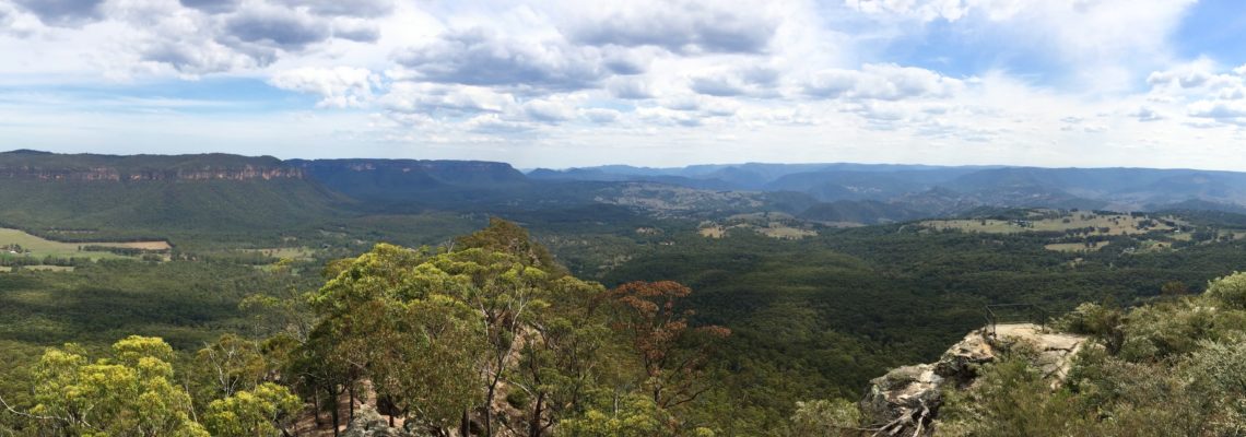 Panoramic view of the Megalong Valley from Hargraves Lookout in the Blue Mountains NSW January 2017